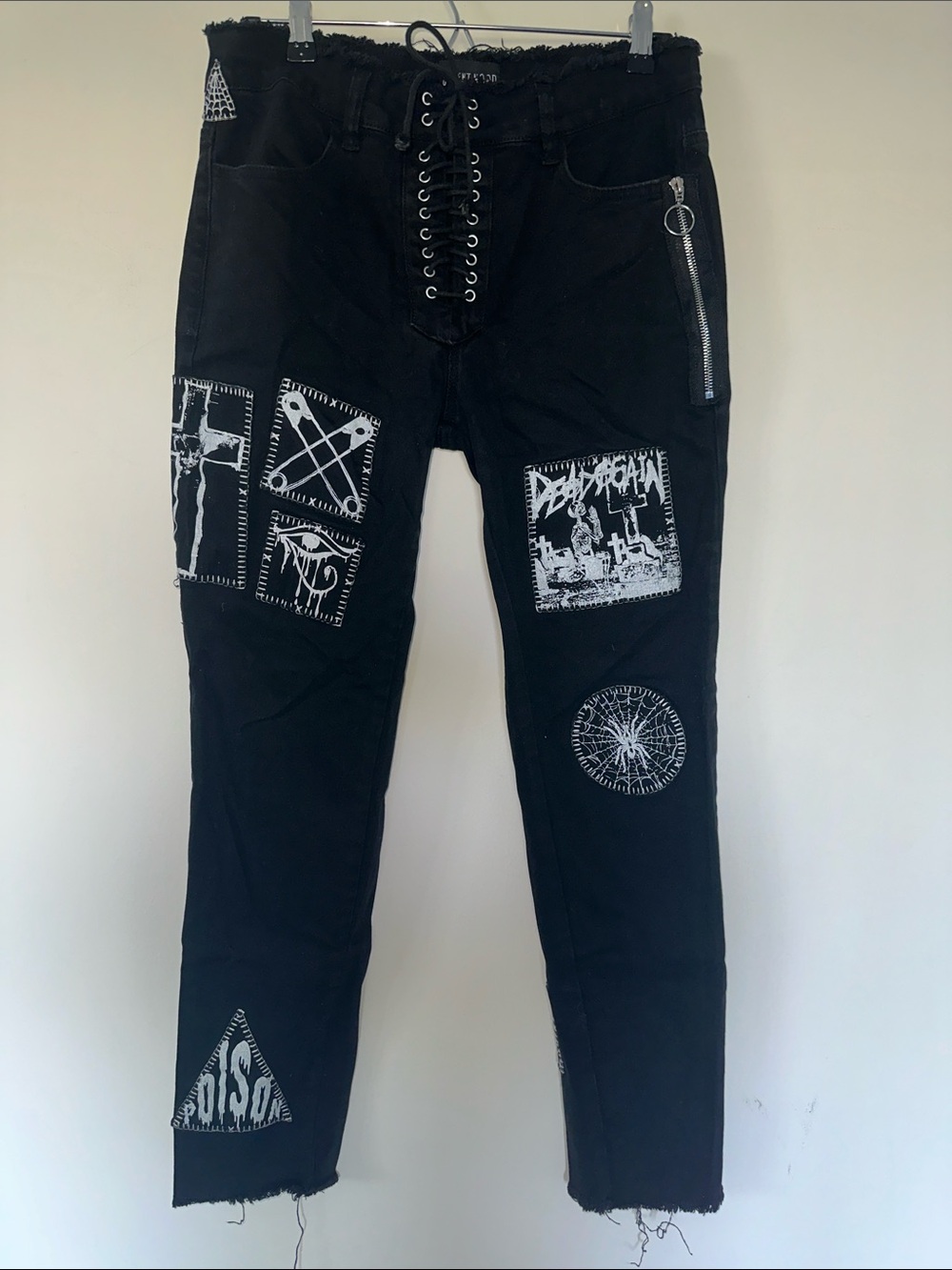 DOLLS KILL Current Mood logo wings merch lace-up jeans L